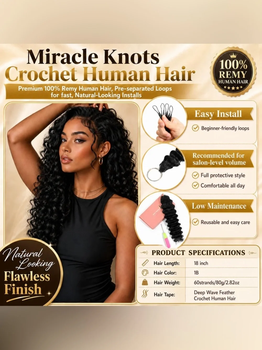 HUMAN HAIR Miracle Knots Feather Crochet Hair 1B